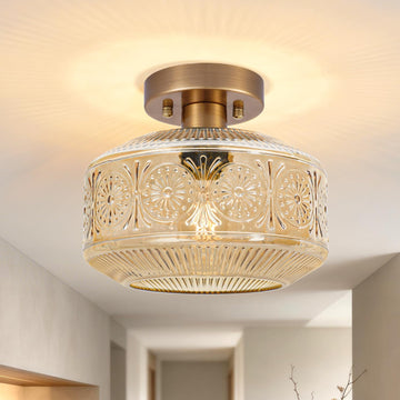 Semi Flush Mount Ceiling Light, Vintage Small Ceiling Light Fixture, Thickened Glass Hallway Lighting Fixture, Brass