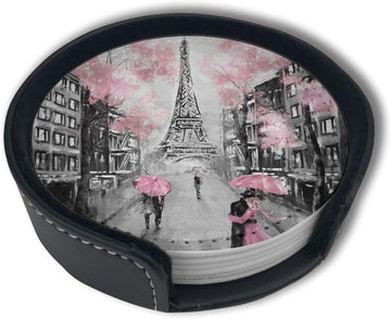 France Eiffel Tower Coasters For Drinks With Holder Leather Coasters Table Decor Protect Furniture From - Set of 6