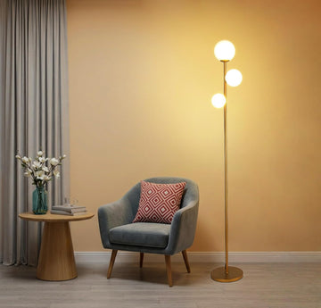 3 Globe Floor Lamp Mid Century Modern, Gold Standing Lamp with Frosted Glass Shade & LED Bulbs
