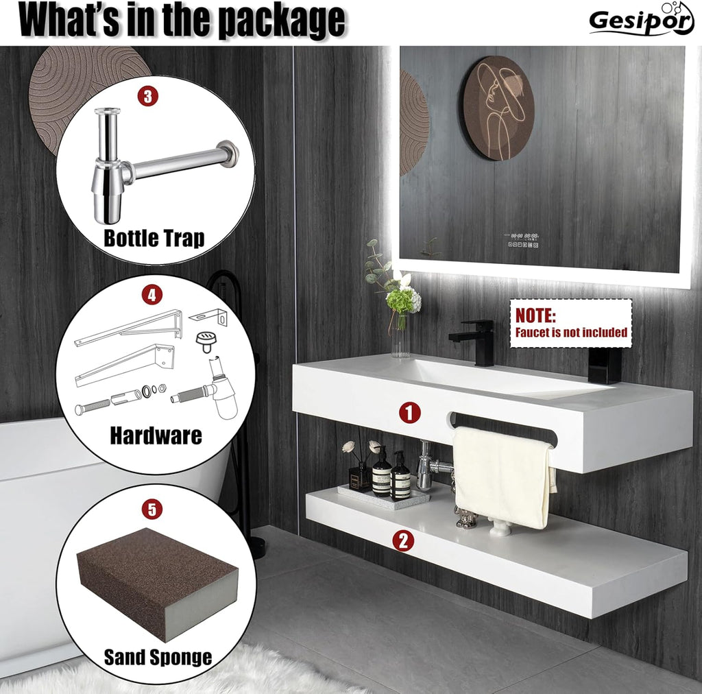 48"x19" Wall-Mount Stone Resin Bathroom Sink Rectangular Vessel Sinks for Bathroom Floating Vanity Sink Trough