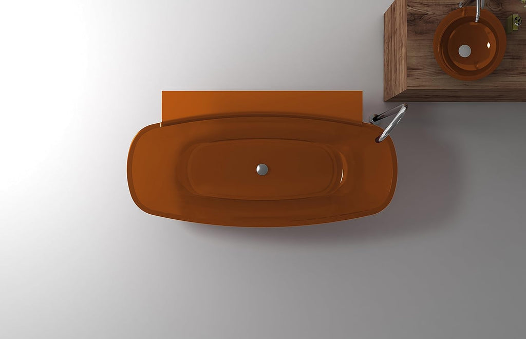 Vida 62 in Man Made Stone Round Flat Bottom Freestanding Bathtub in Translucent Honey Amber, Luxury Colorful Soaking