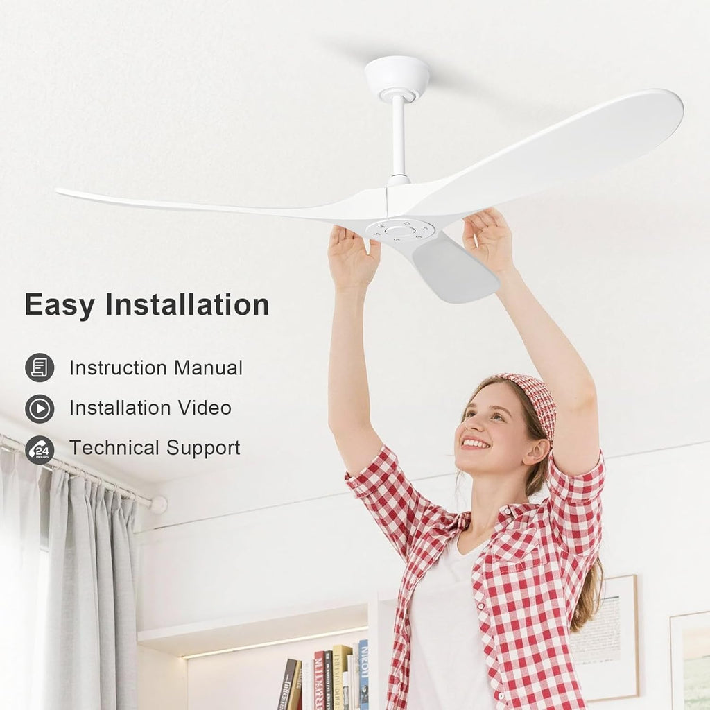 60 Inch White Ceiling Fan No Light，Indoor Outdoor 3 Blade Wood Ceiling Fans Without Lights for Patios Bedroom Living