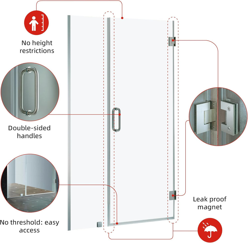 40-41" W x 76" H Pivot Frameless Single Swing Hinge Shower Door