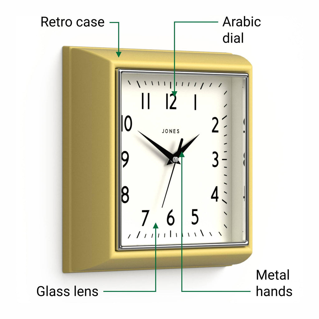 Mustard wall Clock | Square Retro Clock | 10" | Yellow