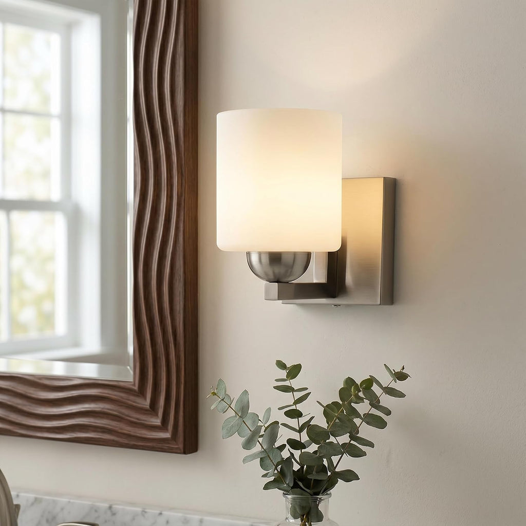 1-Light Brushed Nickel Bathroom Vanity Light with White Glass Shade | Over Mirror,Wall Sconce,ETL listed,Bathroom