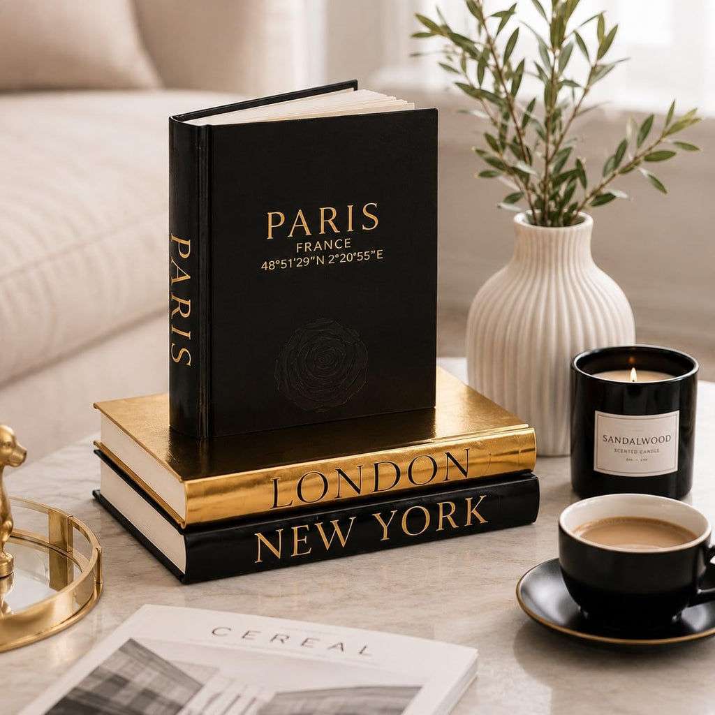 Decorative Books Decor - Coffee Table Books, Set of 3 | Bookshelf Decor, Faux Hardcover Books, Black & Gold Design