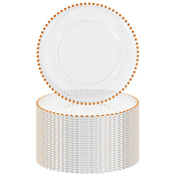 24 Pack 13 Inch Clear Charger Plates with Orange Beaded Rim