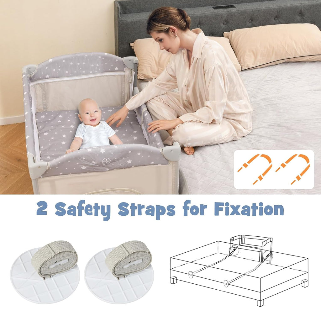 5-in-1 Pack and Play, Portable Baby Bedside Sleeper with Bassinet, U-Shaped Diaper Changer, Safety Strap, Side