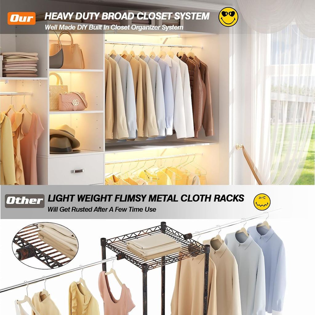 120 Inches Closet System, 10FT Walk In Closet Organizer with 3 Shelving Towers, Heavy Duty Clothes Rack with 3