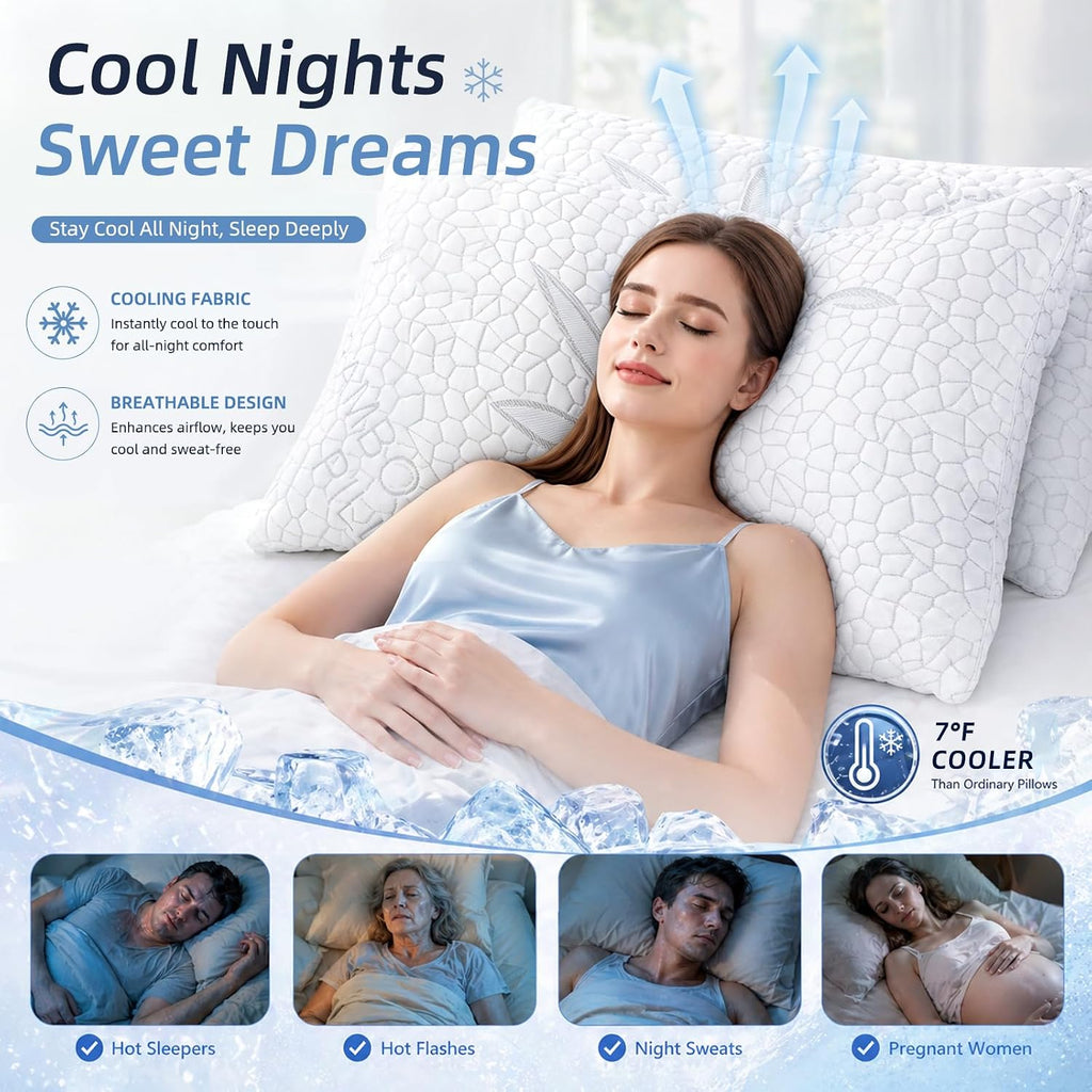 Bamboo Cooling Shredded Memory Foam Bed Pillows King Size Set of 2 | Plush Firm Support, Neck Pain Relief