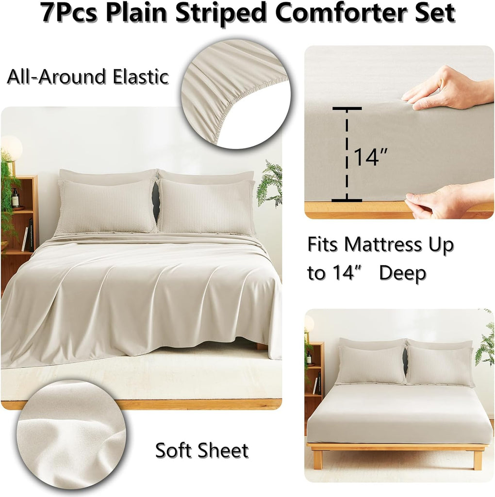 Queen Comforter Set Beige - 7 Pieces Striped Seersucker Bed in a Bag