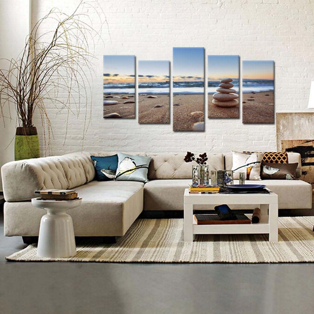 5 Pieces Canvas Prints Wall Art Zen Stones Balance Pebbles Stack on Beach Modern Wall Decor Stretched Gallery Canvas