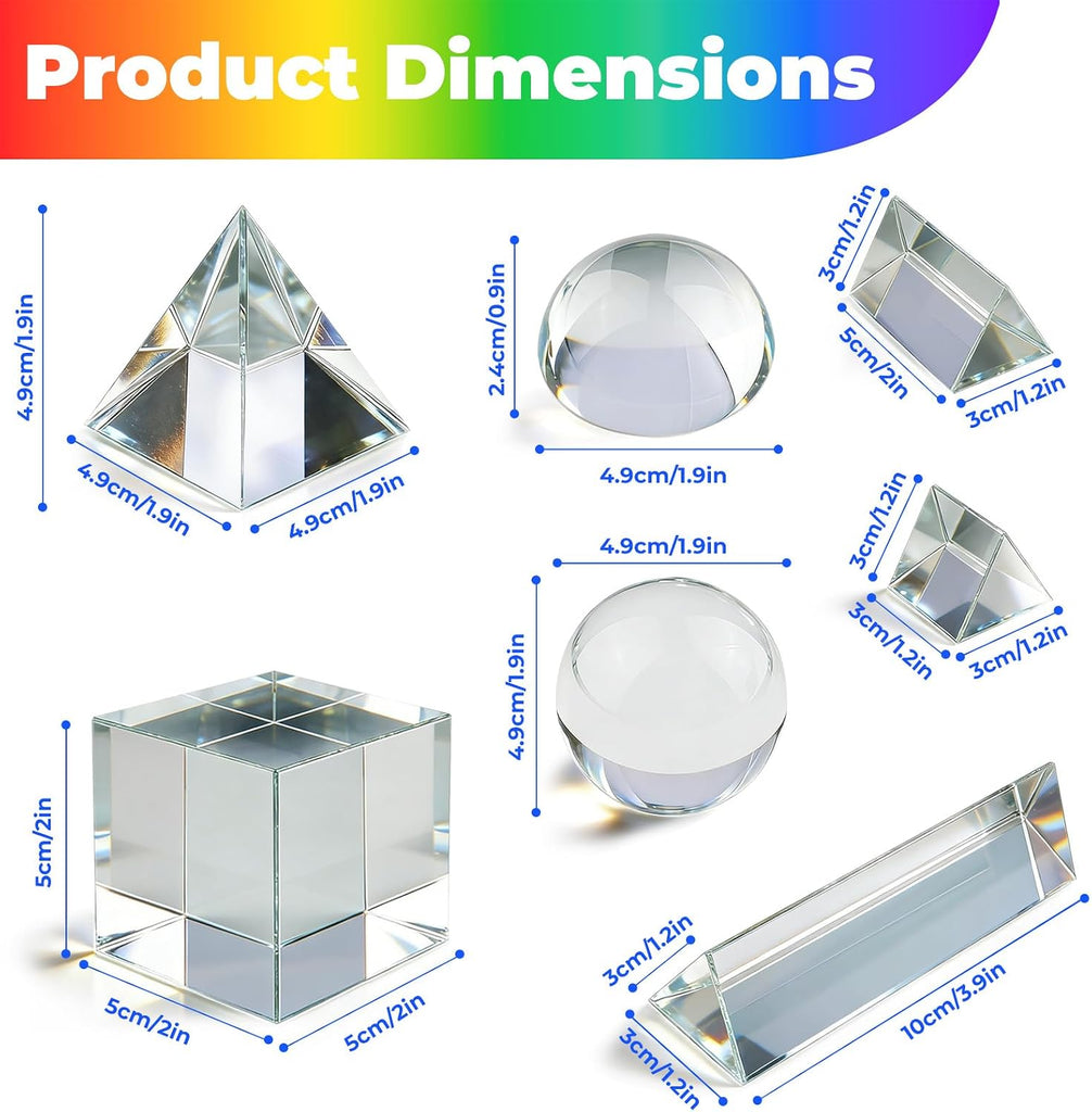 7 Pack K9 Optical Crystal Photography Prism Set, Include 1-4in Triangular Prism, 2in Crystal Glass Prism Cube