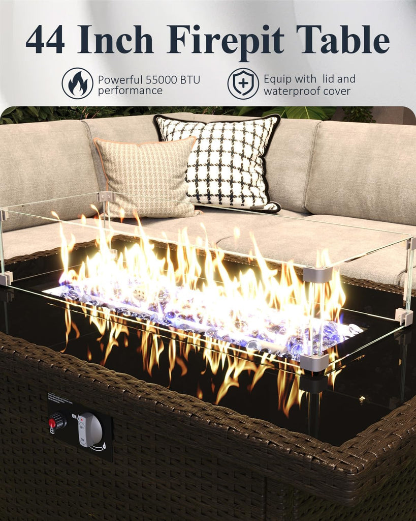 6-Piece Outdoor Modular Wicker Sectional Sofa with Fire Pit Table