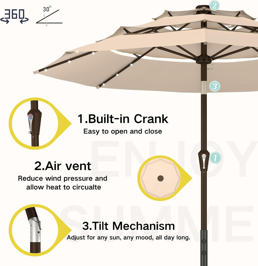 9ft 3-Tier Patio Umbrella with Solar Lights, Table Umbrella Outdoor Patio with Easy Crank & Tilt, 8 Sturdy Ribs