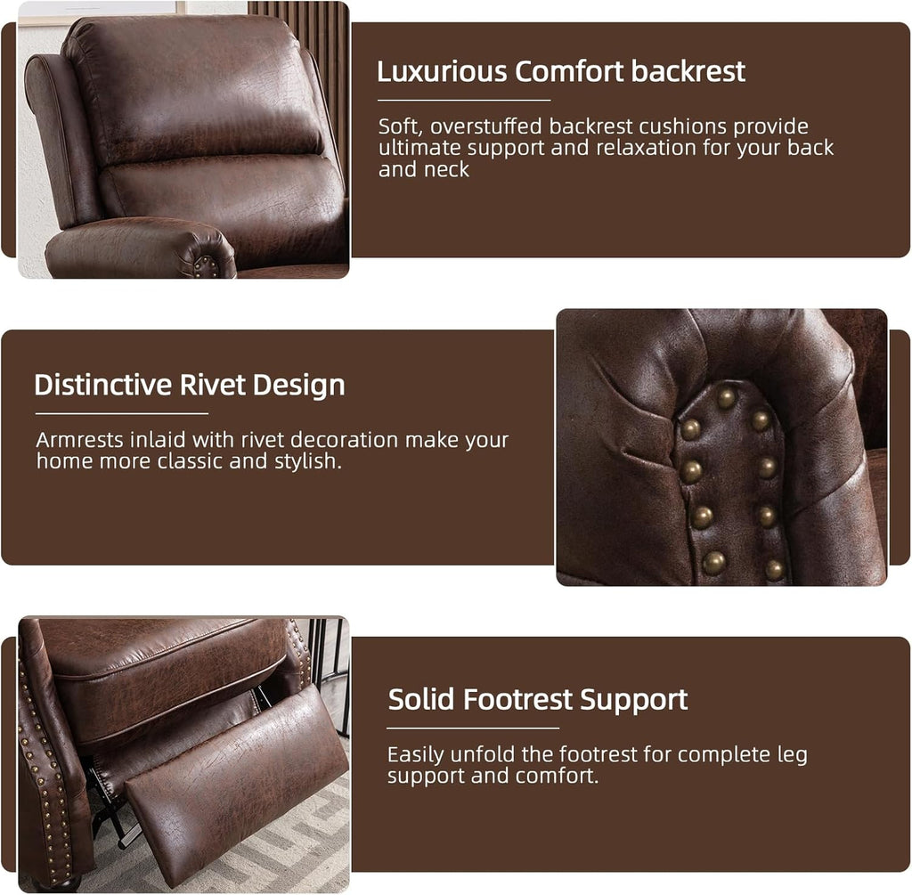 Push Back Recliner Chair Faux Leather Lounge Armchair with Rivet Decoration Wingback Single Sofa Chair with Padded