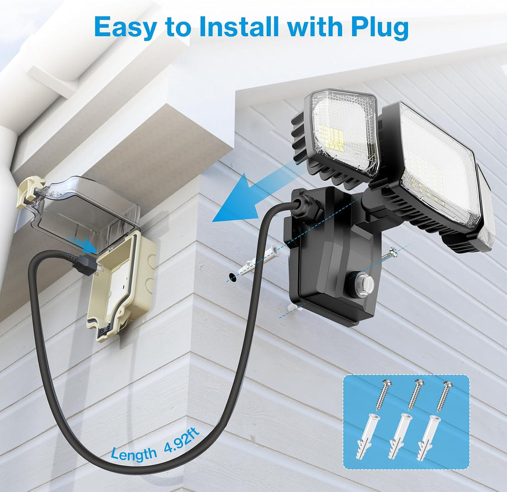 80W Plug in Flood Lights Dusk to Dawn Outdoor Lighting, 8000LM Exterior LED Security Light with Remote, IP65