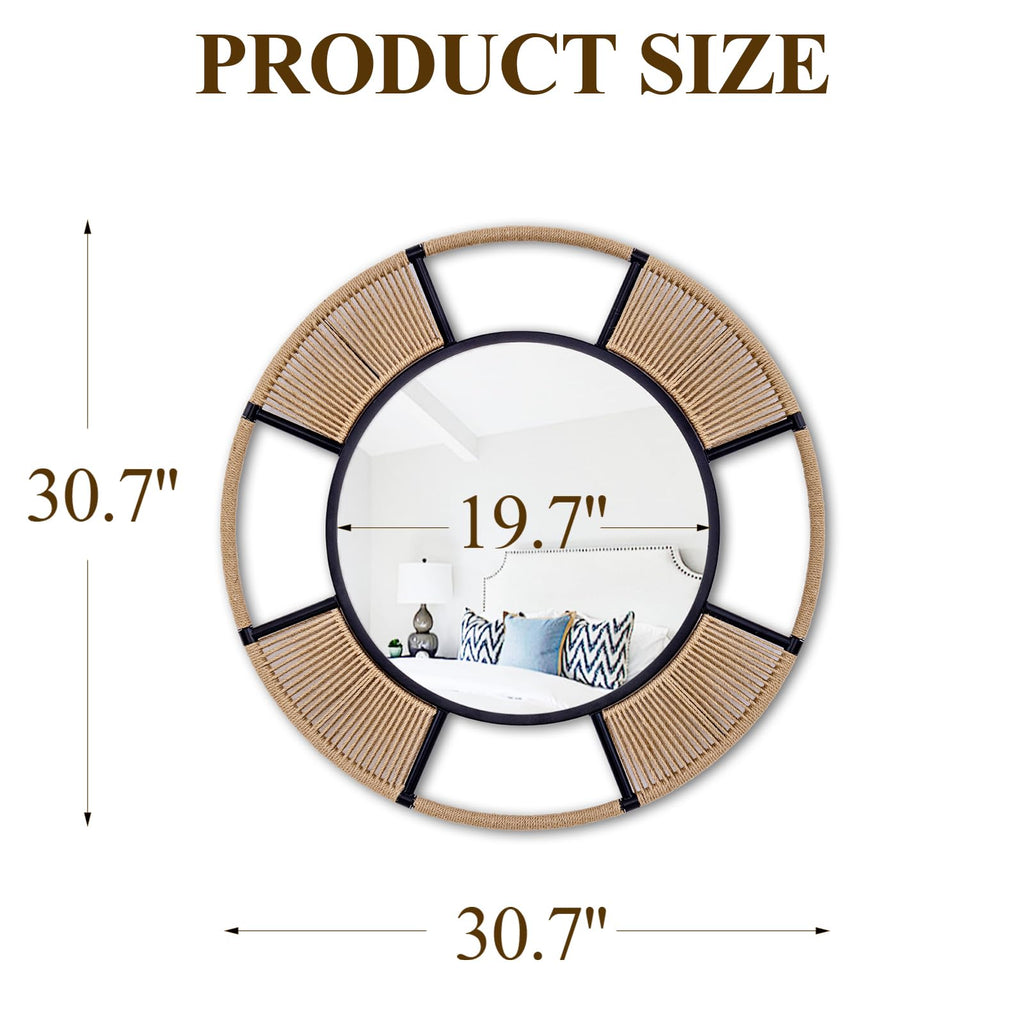 Hand‐Woven Jute Rope Round Wall Mirror, 30''Modern Boho Mirror Decor