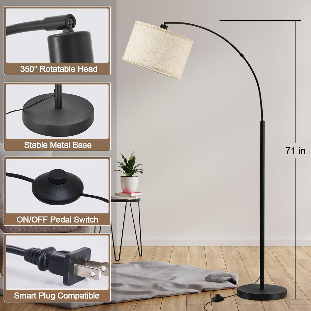 71" Arc Floor Lamps, Standing Lamp with Adjustable Head, Tall Pole Lamp with Foot Switch, Arched Reading Light