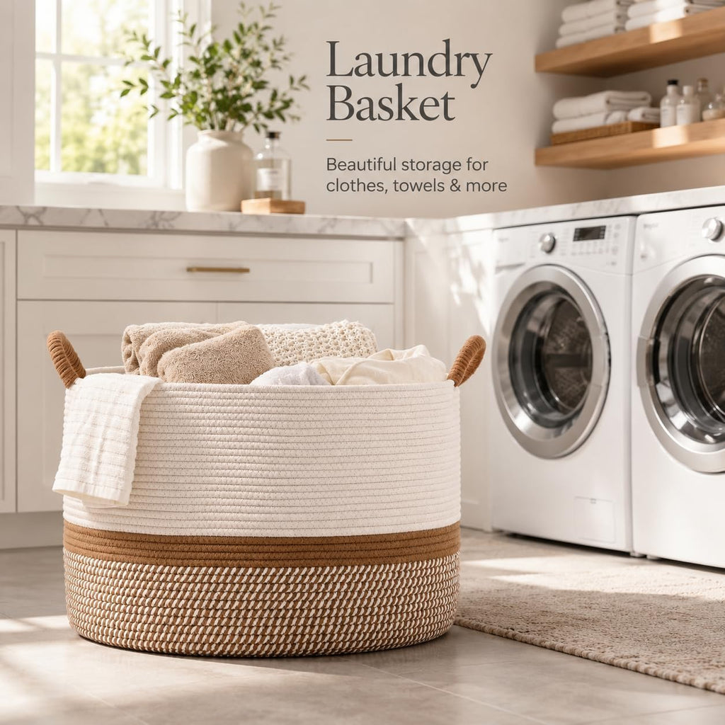 Large Blanket Basket with Handles, Storage Basket | Extra Large Capacity | Blanket Storage | Laundry Basket | Natural