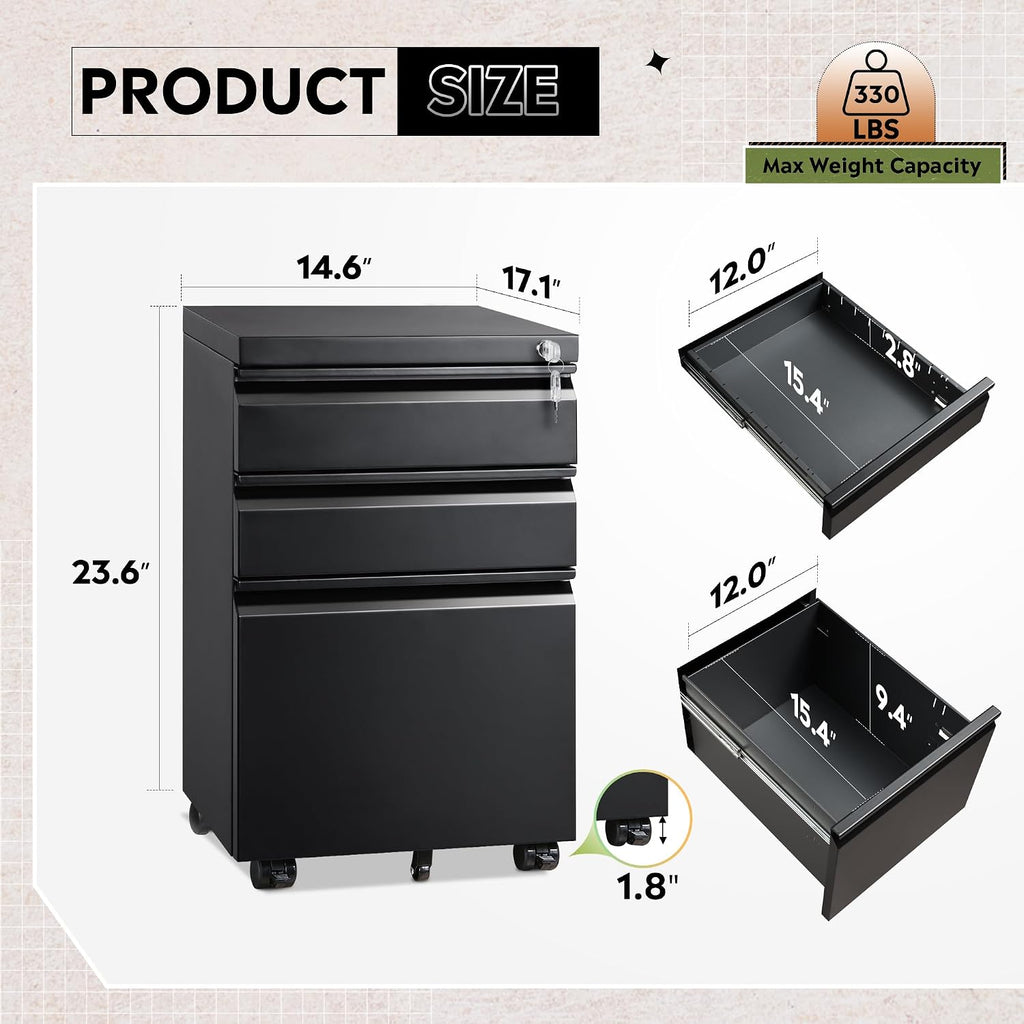 3 Drawer File Cabinet with Lock, Fully Assembled Except Casters