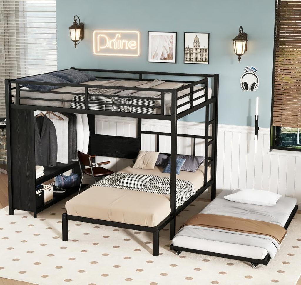 Queen Over Twin XL bunk Bed with Foldable Desk and Wardrobe and Twin Trundle, loft Bed with Desk and Desk