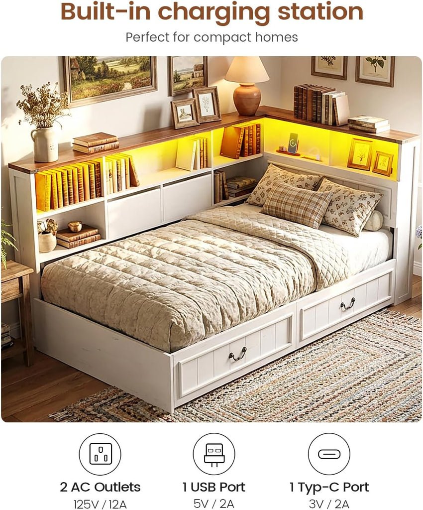 Twin Corner Bed Frame with Storage Drawers and Bookcase Hidden Headboard, Charging Station and Led Lights, Farmhouse