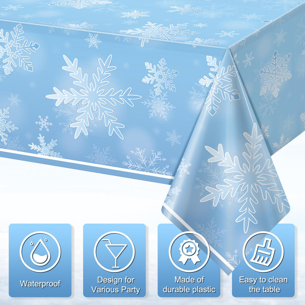 6 Pack Winter Snowflake Plastic Tablecloth Decorations, Light Blue Snowflake Winter Wonderland Disposable Table Cover