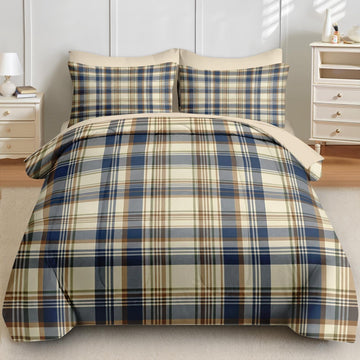 Comforter Set with Sheets, 7 Pieces Plaid Navy Bedding