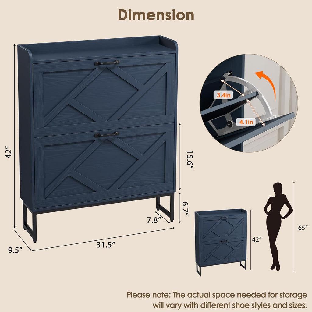 Shoe Storage Cabinet, Shoe Cabinet with 2 Flip Drawers, Narrow Shoe Rack Cabinet, Farmhouse Slim Shoe Cabinet Storage