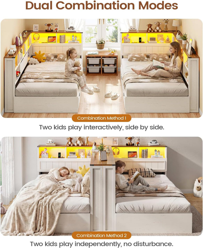 Twin Corner Bed Frame with Storage Drawers and Bookcase Hidden Headboard, Charging Station and Led Lights, Farmhouse