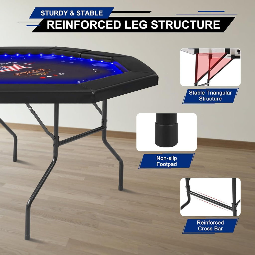 Foldable Poker Table with LED Lights, Octagon Casino Leisure Texas Holdem Table for 8 Player, Folding Blackjack Table