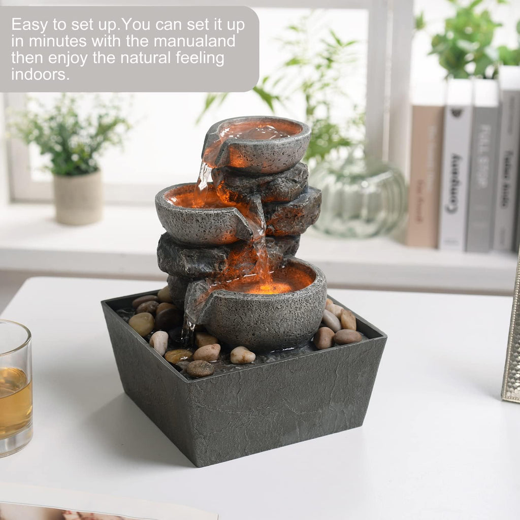 Decorative Indoor Fountain 3-Bowl Rockery Soothing Sound Tabletop Fountains Decor with Led Light/Some