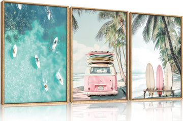 Summer Surfboard Beach Framed Canvas Wall Art Set,Modern Ocean Surfing Seascape Wall Decor,Coastal Bus Coconut Tree
