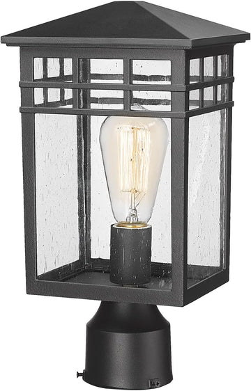 Outdoor Post Light Fixture, Modern Exterior Pillar Lantern with Black Finish & Seeded Glass, Pole Light for Garden