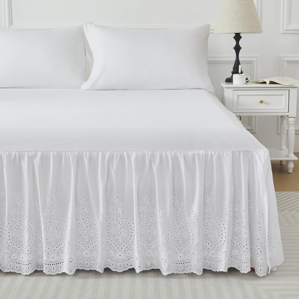 White Eyelet Bed Skirt Queen Size 100% Cotton Ruffled Dust Ruffle Bed Skirt 18 Inch Drop with Embroidered Floral