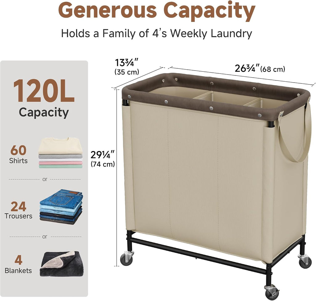 3 Section Laundry Hamper, 120L Tan Sorter Cart with Wheels