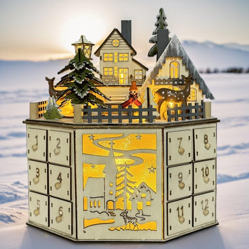 Christmas Wooden Musical Advent Calendar with LED Decoration Cabin Reindeer and Christmas Tree, Empty Calendar