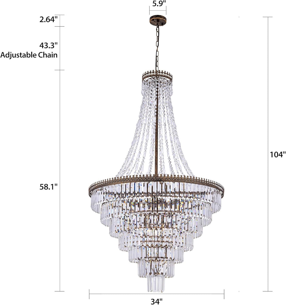 French Empire Crystal Chandelier Modern Farmhouse Chandelier Ceiling Light for Foyer Entryway High Ceiling, Vintage Antique Bronze Chandelier Light Fixture for Dining Living Room 34" W x 58" H