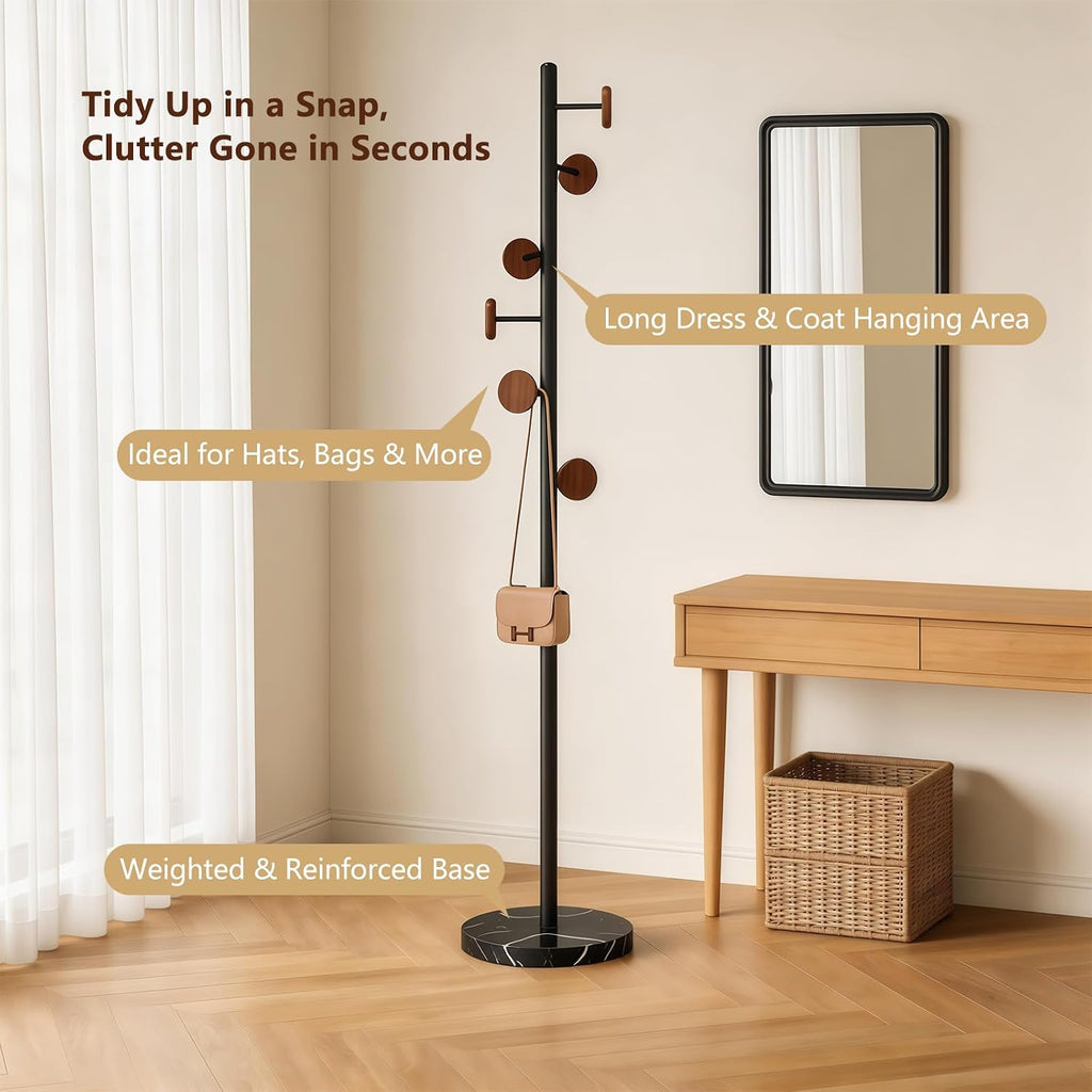 Freestanding Mid-Century Modern Coat Rack | Sturdy metal frame, solid marble base & round wood hooks, great daily