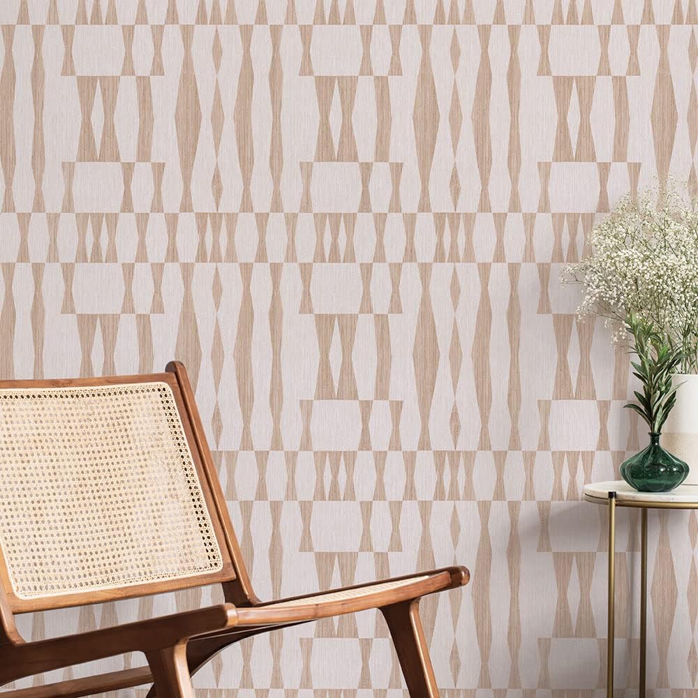 Beige Textured Faux Grasscloth Geo Removable Peel and Stick Wallpaper, 20.5 in X 16.5 ft, Made in The USA, Jute