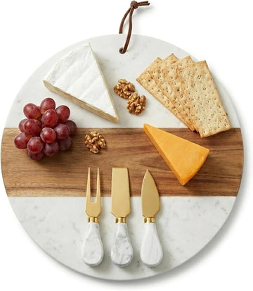 Marble Charcuterie Board Gift Set - 12" Round Cheese Board with 3 Gold Stainless Steel Knives, Leather Strap & Gift