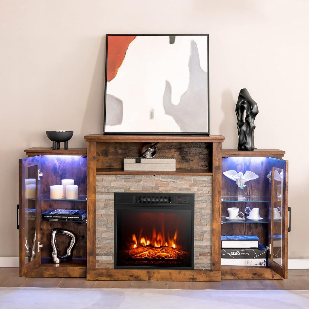 Electric Fireplace TV Stand, Electric Fireplace Mantel with 16-Color Led Lights, Adjustable Glass Shelves