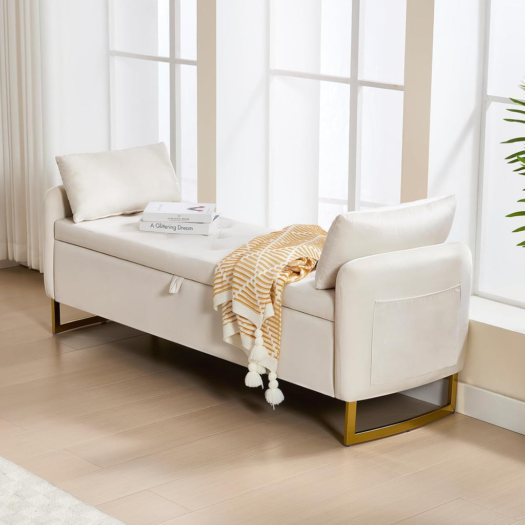 65" End of Bed Storage Bench, Velvet Storage Bench , Bed Bench with Storage, Tufted Upholstered and Gold Legs