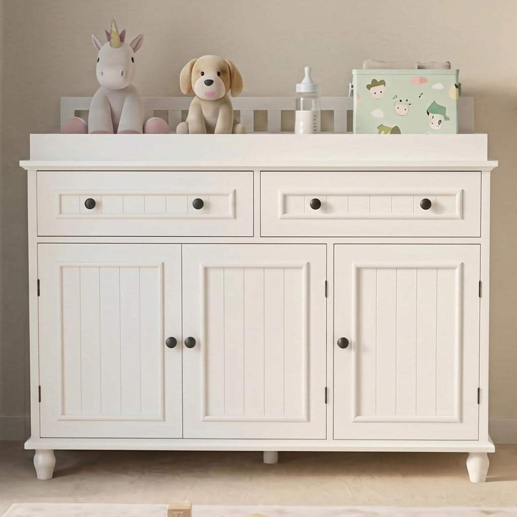 Large Nursery Dresser with Drawers, 47'' White Baby Diaper Changing Table | Wood Changing Station for Infants
