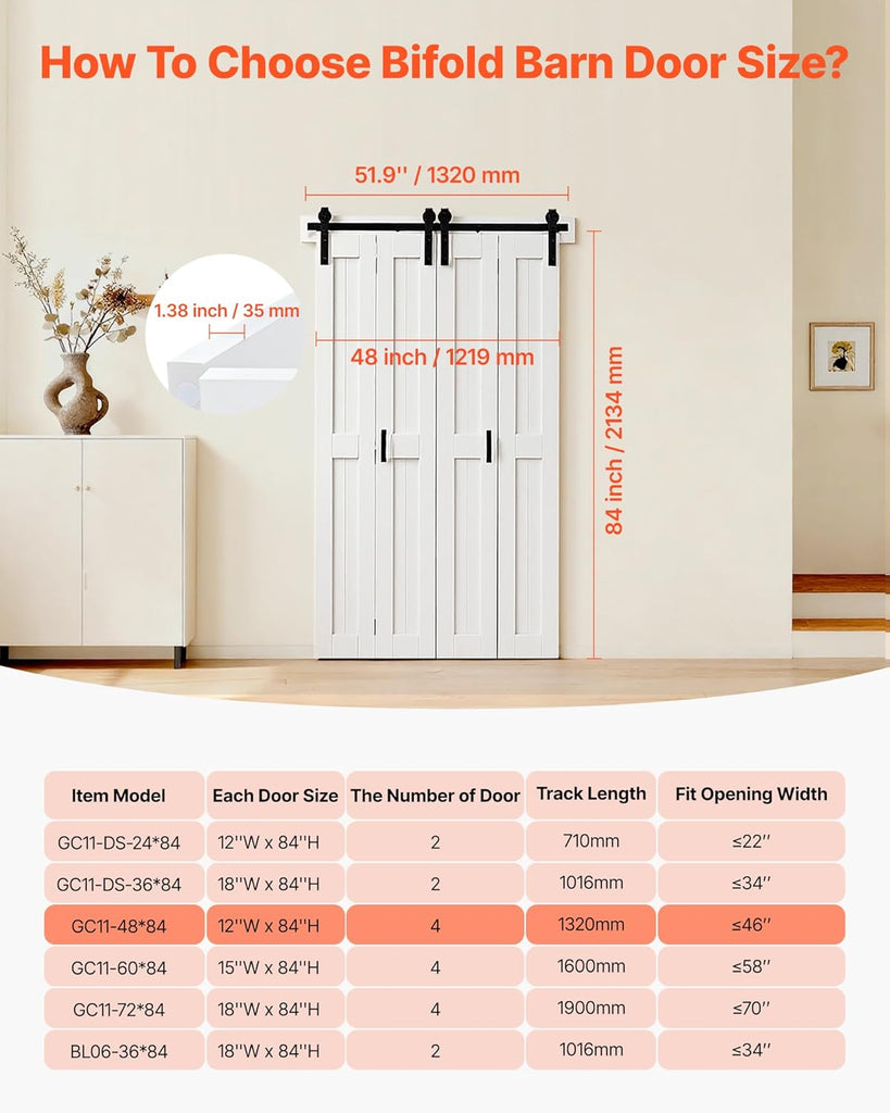 Bifold Barn Door, 48" x 84", MDF Bi-Fold Sliding Closet Doors, Header Board and Hardware Kit Include