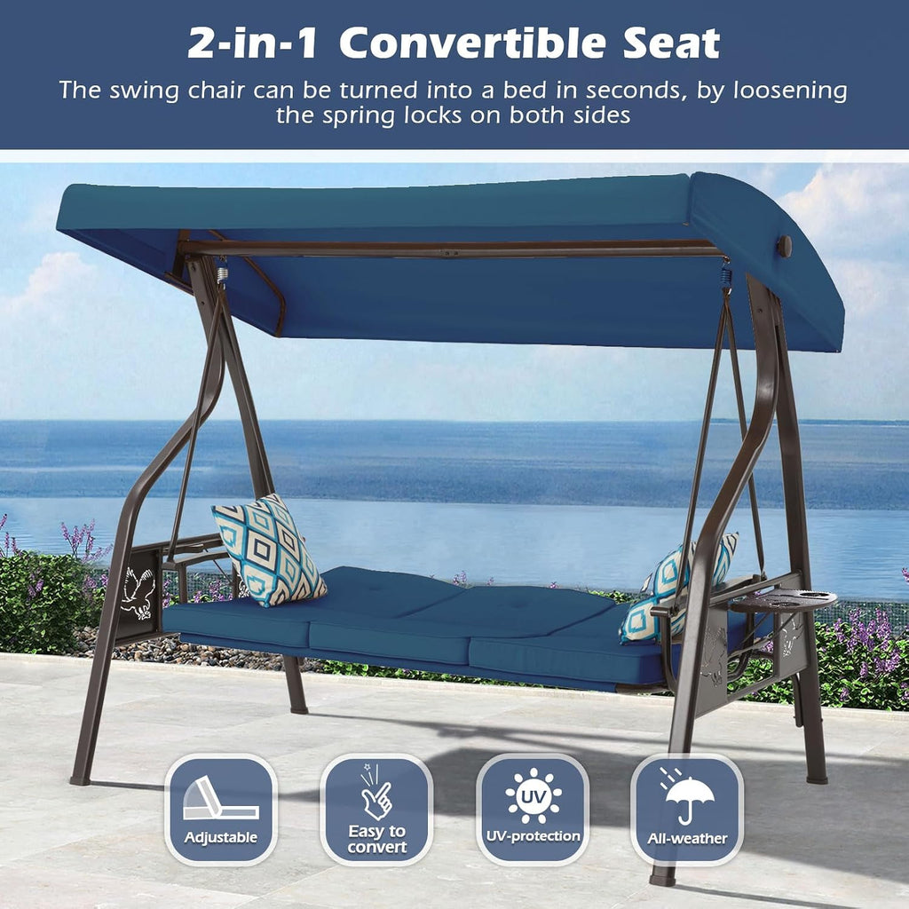 3-Seat Outdoor Porch Swing with Stand, Patio Swing with Canopy, 2 in 1 Porch Swing Bed & Patio Swing Chair for Adult