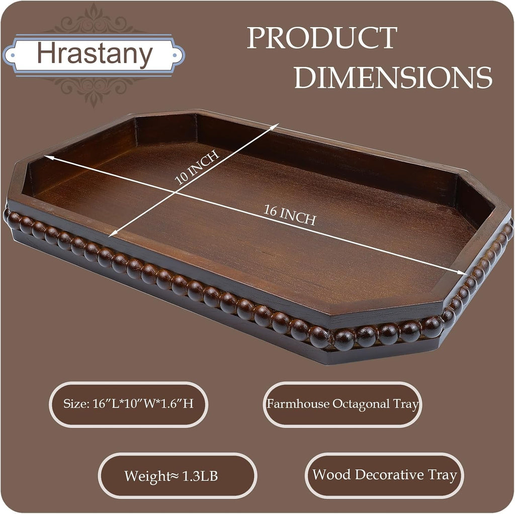Retro Brown Wood Serving Tray with Beads, Farmhouse Decorative Tray for Table Centerpiece, Christmas Wedding