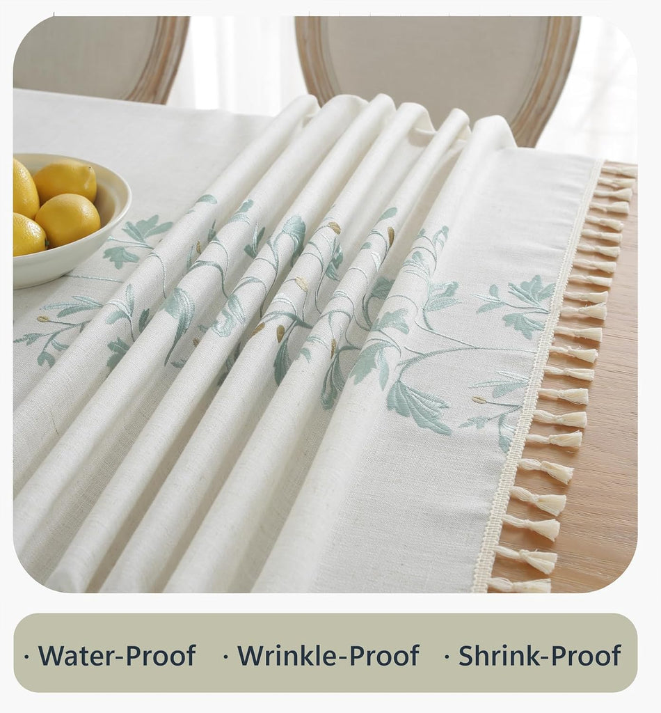 Embroidered Tablecloth Rectangle 55 x 75 Inch, Farmhouse Otanical Floral Table Cloth Waterproof Wash