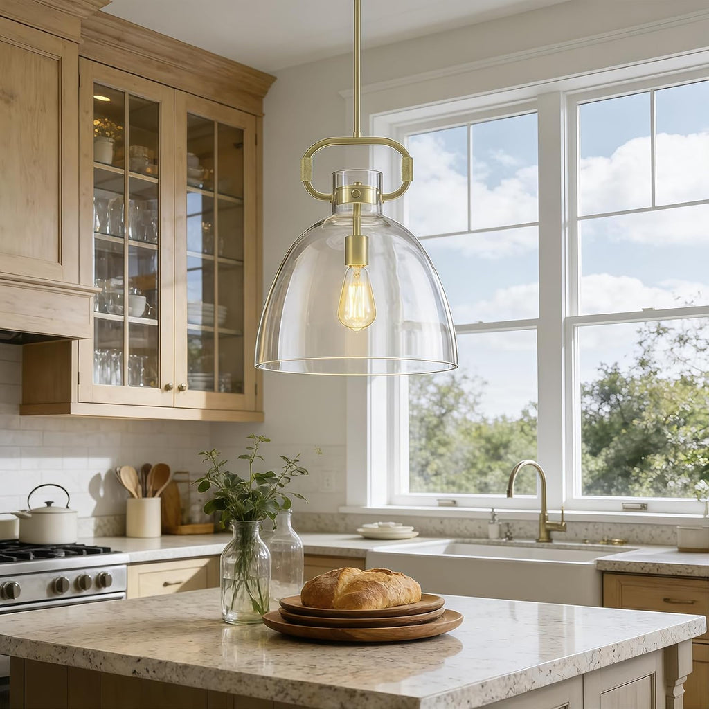 14'' Large Glass Pendant Lights Kitchen Island, 1-Light Modern Gold Kitchen Island Lighting, Adjustable Antique Brass